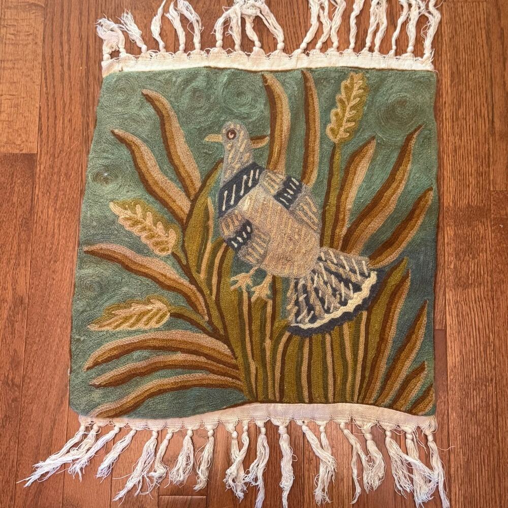 Vintage Handmade Crewel Embroidery Wildlife Bird Scene Fringed Tapestry